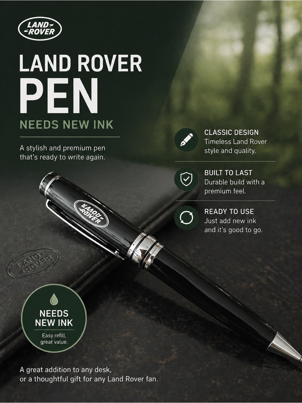 Land Rover Black & Silver Luxury Ballpoint Pen – Needs Ink Refill